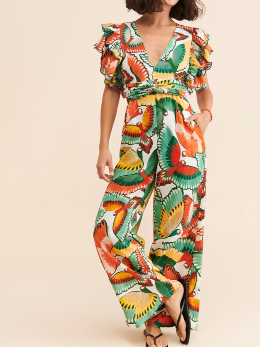 FARM Rio Multi-Color Parrot Print Wide-Leg Jumpsuit Large